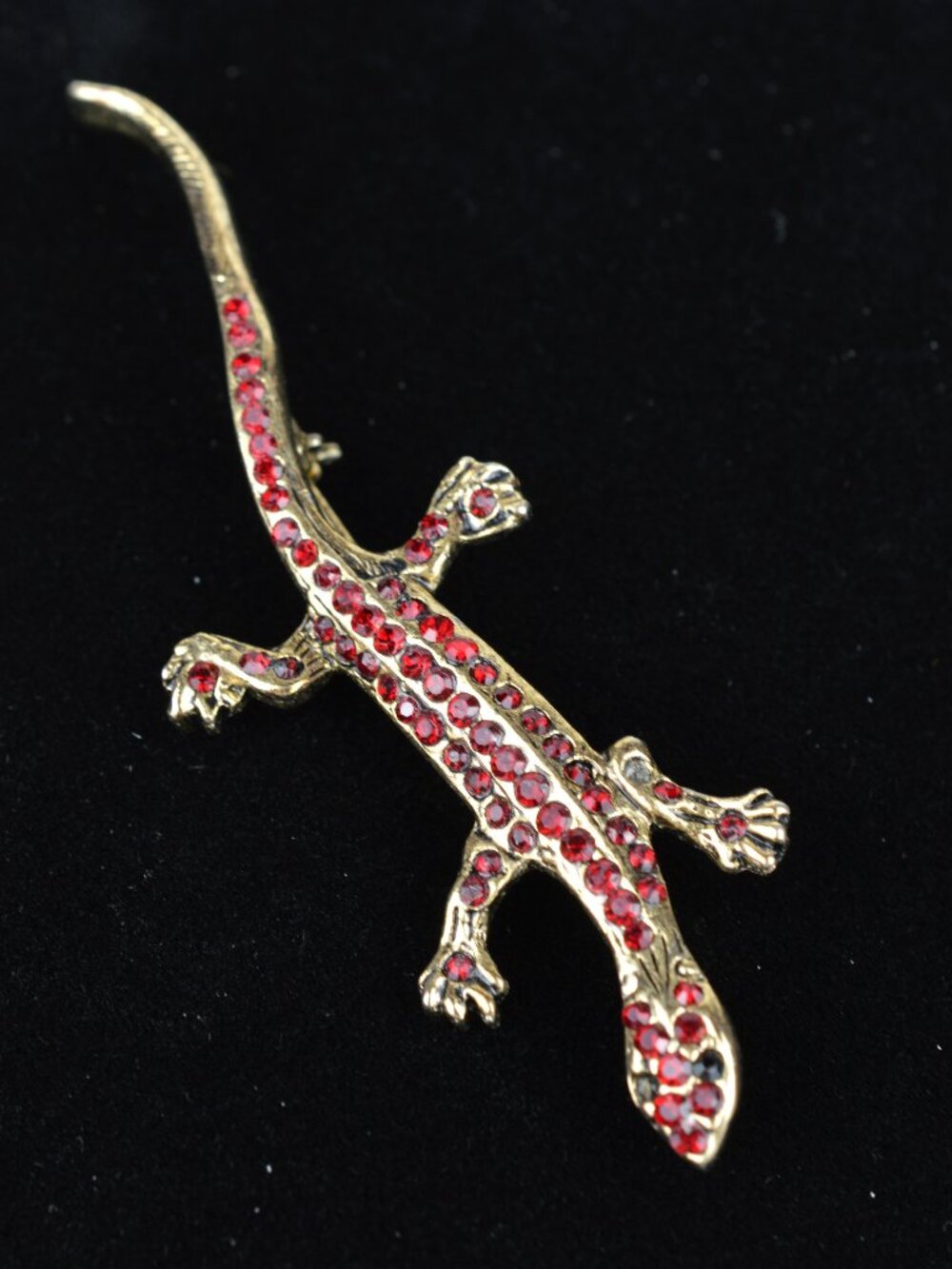 Vintage Red Rhinestone Lizard Brooch Pin Antique Gold Tone Gecko Salamander 3"